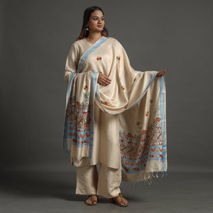 Beige - Madhubani Handpainted Tussar Cotton Handloom Dupatta 01
