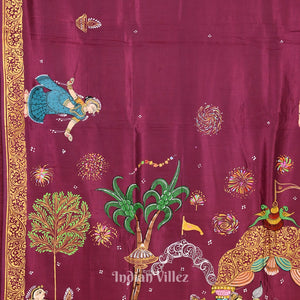 Wine Color Mathura Vijay Theme Hand-Painted Pattachitra Saree