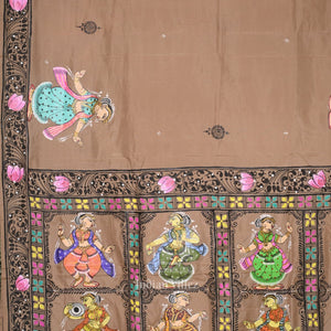 Natural Tussar Dancing Nartaki Theme Hand-Painted Pattachitra Saree