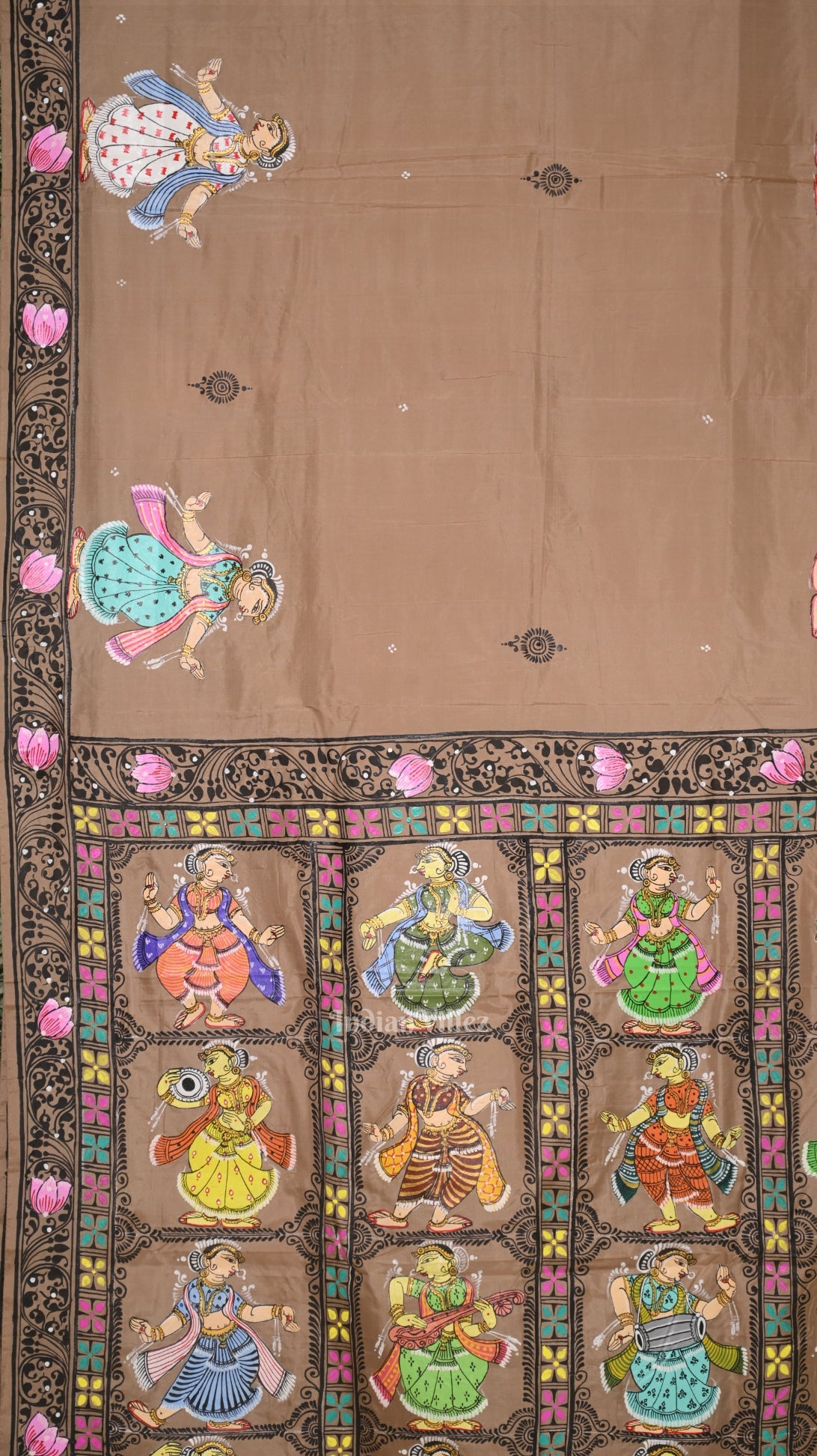 Natural Tussar Dancing Nartaki Theme Hand-Painted Pattachitra Saree