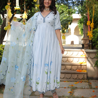 Blue Blossom Handpainted Cotton Silk Suit Set