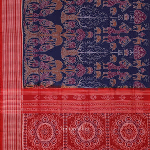 Navy Blue Red Animal Theme Sambalpuri Ikat Cotton Saree