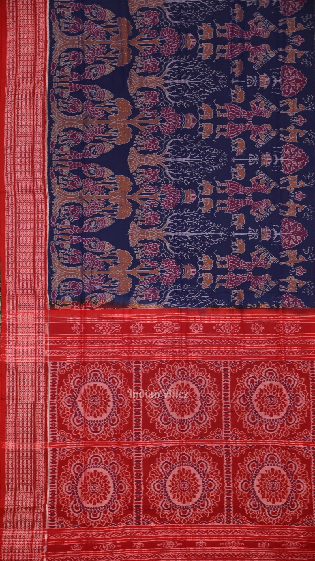 Navy Blue Red Animal Theme Sambalpuri Ikat Cotton Saree