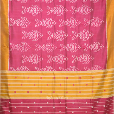 Baby Pink Yellow Fish Motif Odisha Ikat Contemporary Designer Saree