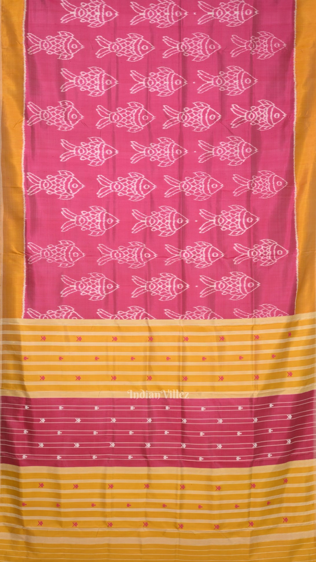 Baby Pink Yellow Fish Motif Odisha Ikat Contemporary Designer Saree