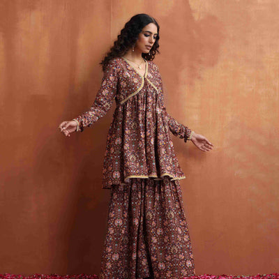 trueBrowns Brown Print Sharara Set