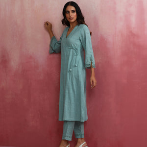 trueBrowns Aqua Blue Cotton Dobby Angrakha Kurta Set