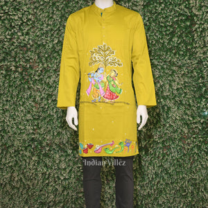 Mehendi Green Radha Krishna Hand-Painted Pattachitra Kurta
