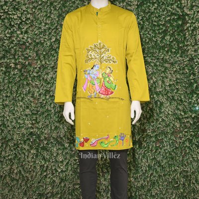 Mehendi Green Radha Krishna Hand-Painted Pattachitra Kurta