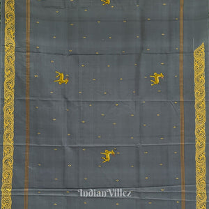 Black Grey Ramayan Theme Hand-Painted Pattachitra Saree