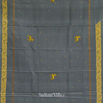 Black Grey Ramayan Theme Hand-Painted Pattachitra Saree