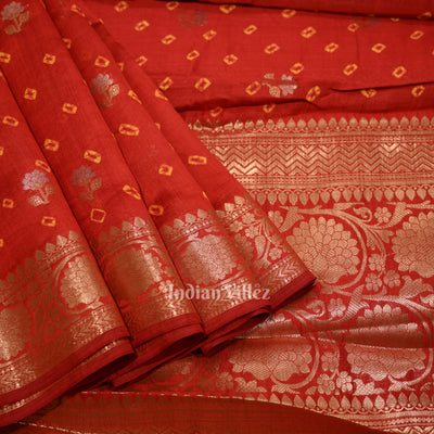Maroon Red Bandhini Work Pure Chiniya Silk Banarasi Saree