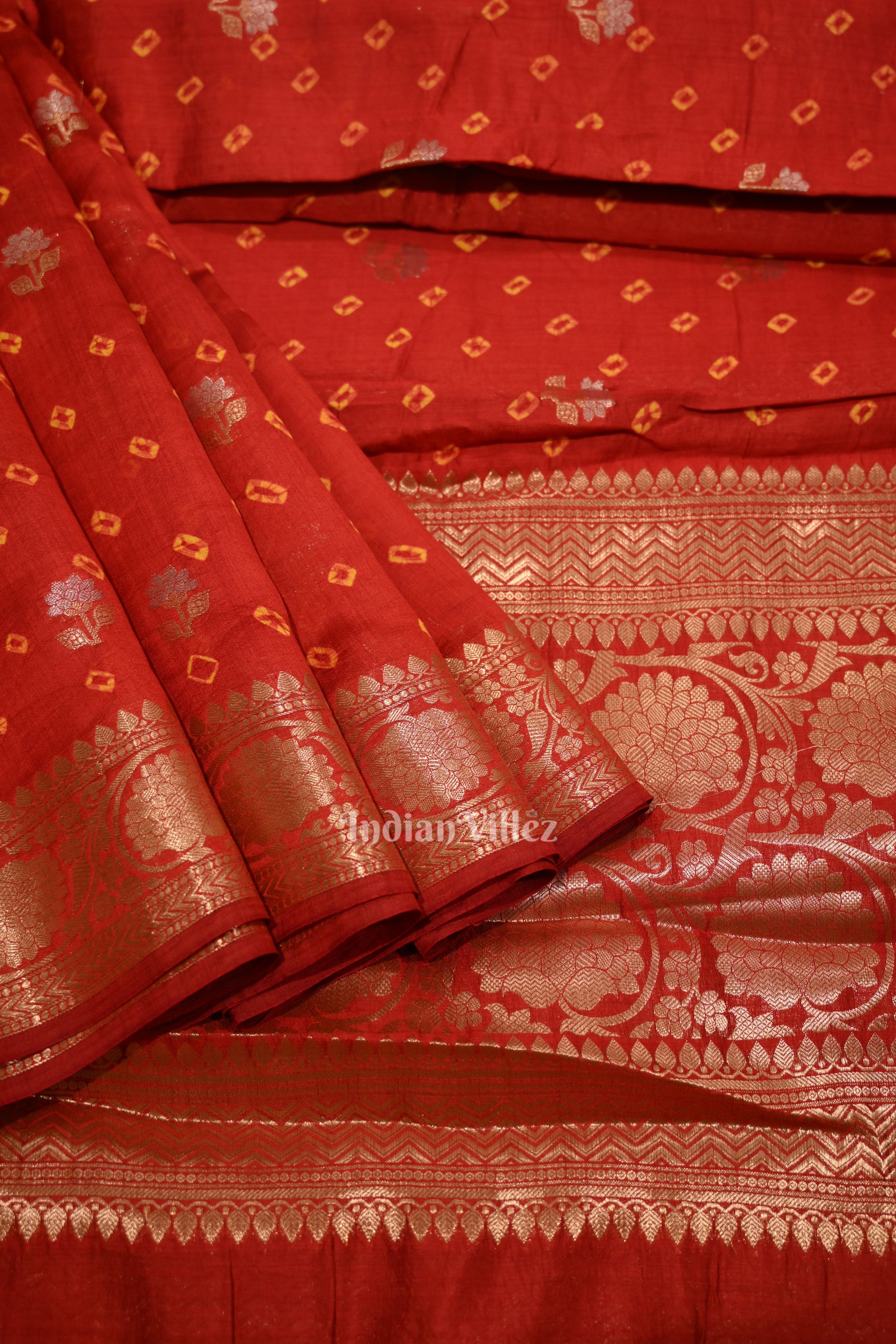 Maroon Red Bandhini Work Pure Chiniya Silk Banarasi Saree