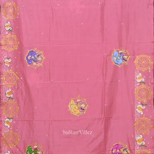 Baby Pink Konark Chakra & Dancer Theme Hand-Painted Pattachitra Saree