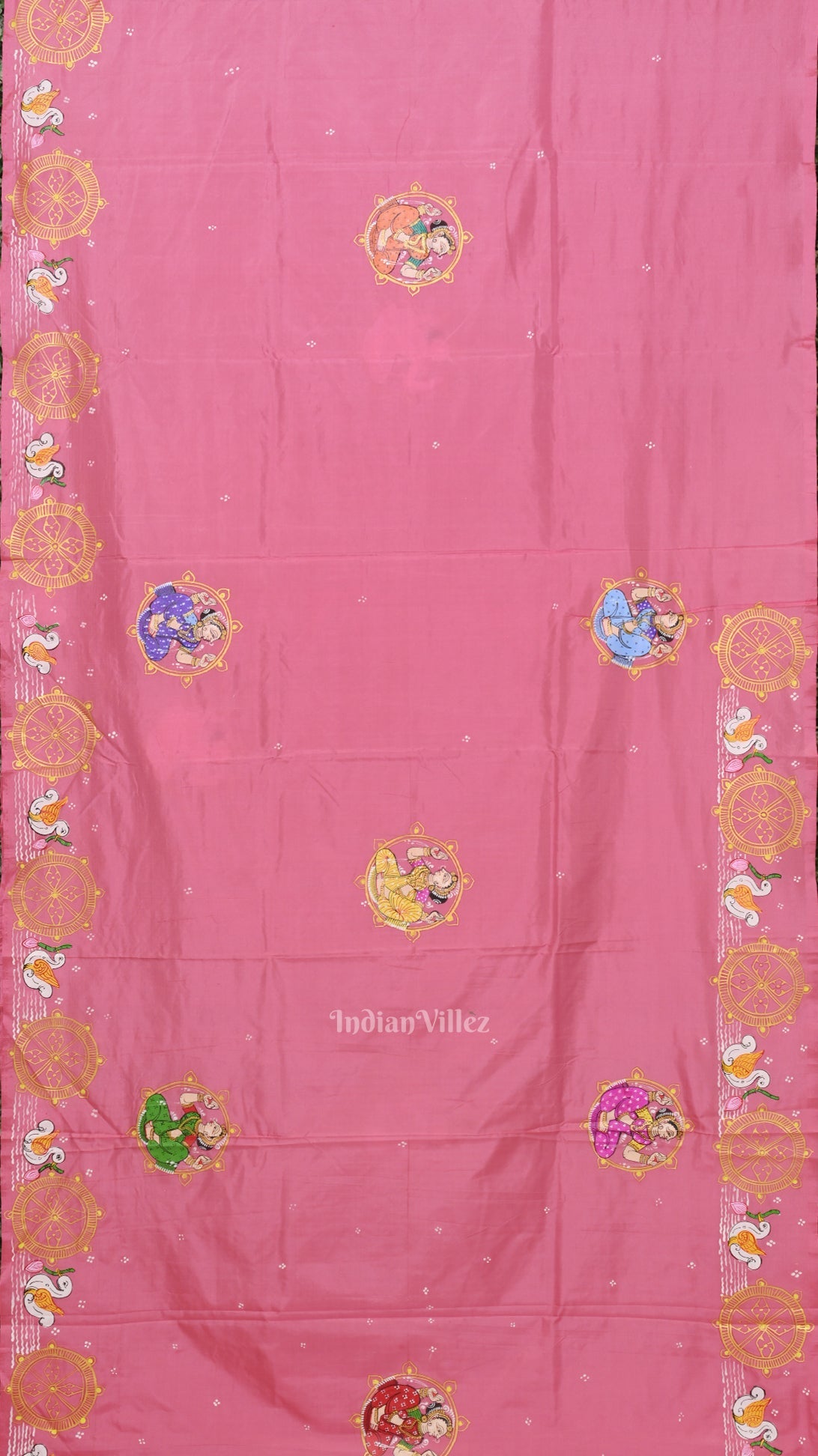 Baby Pink Konark Chakra & Dancer Theme Hand-Painted Pattachitra Saree