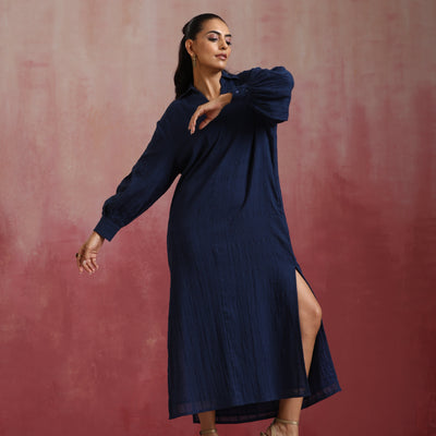 trueBrowns Dark Blue Cotton Dobby Dress