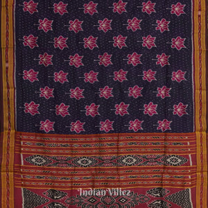 Dark Blue Lotus Design Odisha Ikat Khandua Silk Saree
