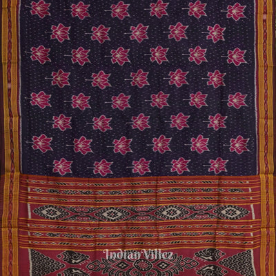 Dark Blue Lotus Design Odisha Ikat Khandua Silk Saree