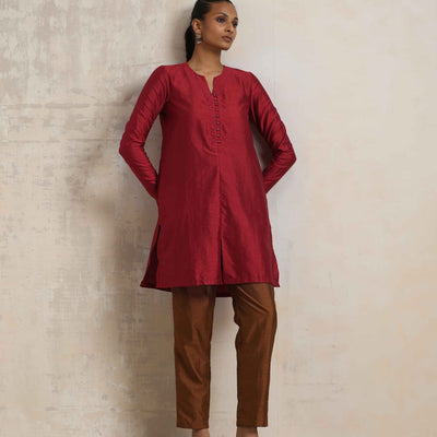trueBrowns Red Silk Kurta Co-ord Set