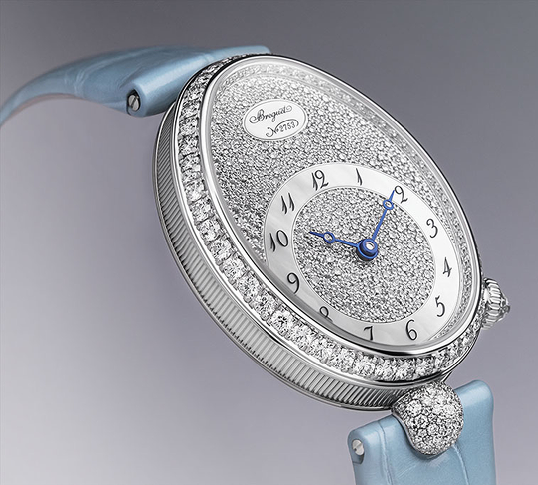 Breguet Reine Pave Dial Blue Strap Silver Touch Watch for Women