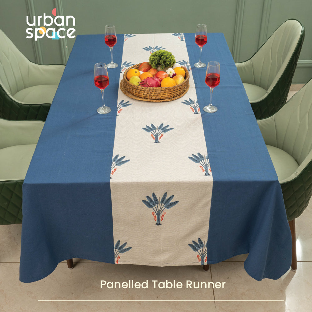 100% Cotton Dining Table Cover, Table Cloth with Panelled design - Palm Lagoon Indigo