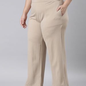 Women Solid Beige Ponte Wide Leg Pants
