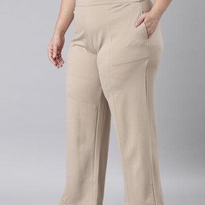 Women Solid Beige Ponte Wide Leg Pants