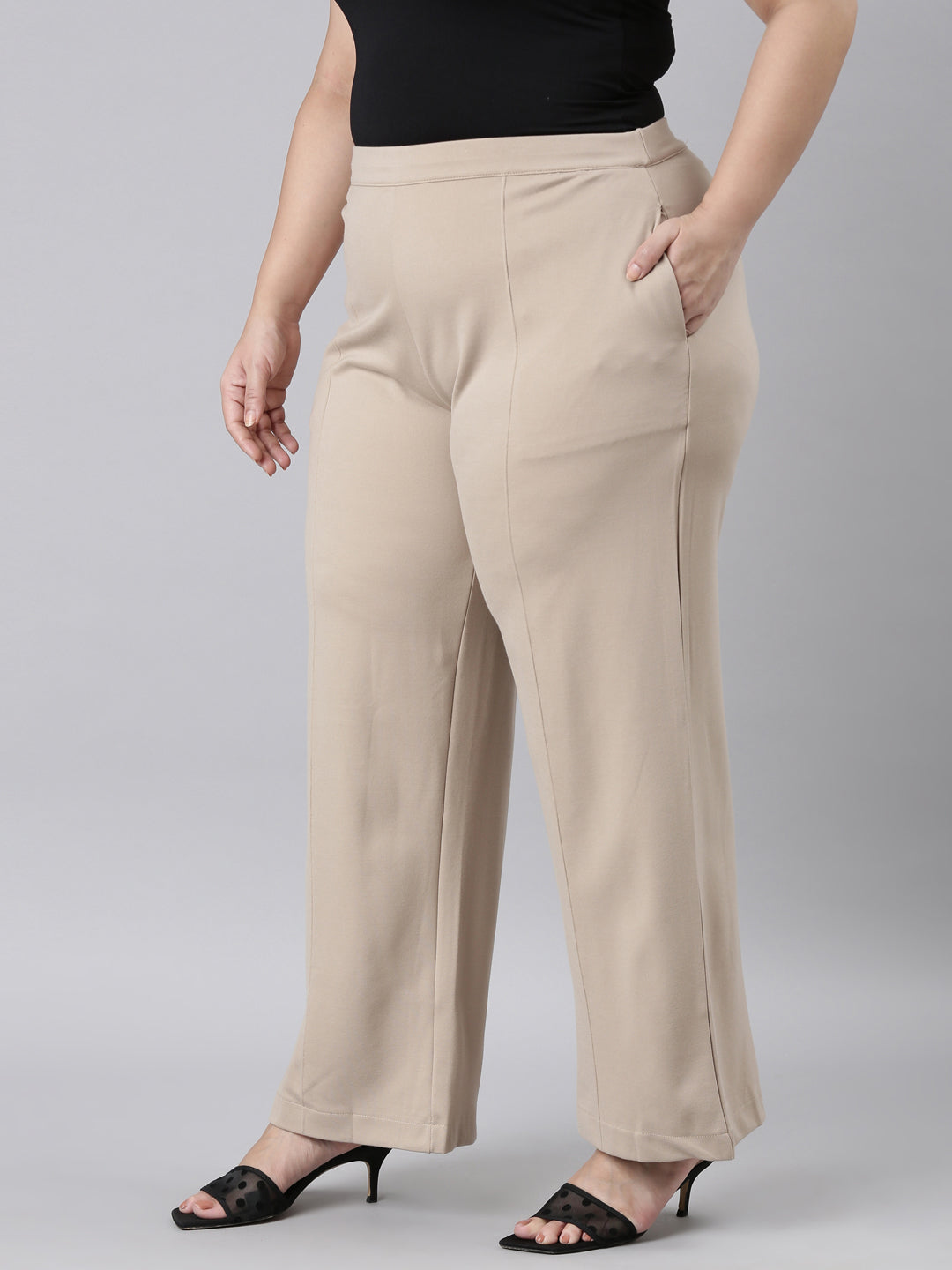 Women Solid Beige Ponte Wide Leg Pants