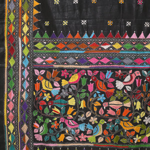 Black Handwoven Kantha Stitch Silk Saree