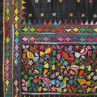 Black Handwoven Kantha Stitch Silk Saree