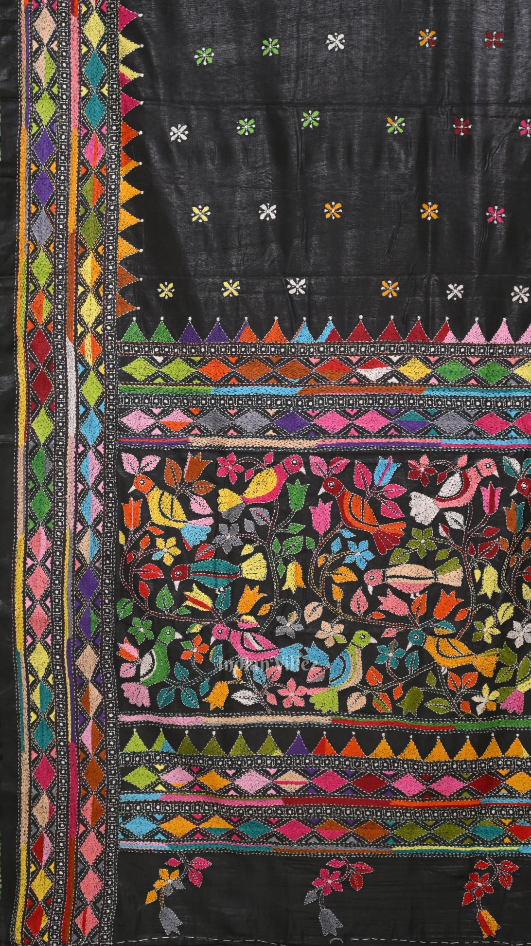 Black Handwoven Kantha Stitch Silk Saree