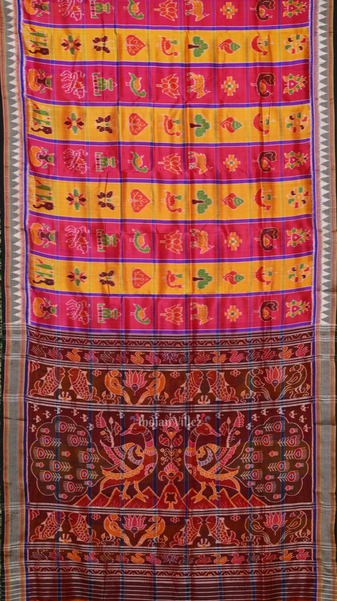 Pink Yellow Nabakothi Odisha Ikat Khandua Silk Saree