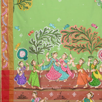 Parrot Green Raja Doli Theme Hand-Painted Pattachitra Saree