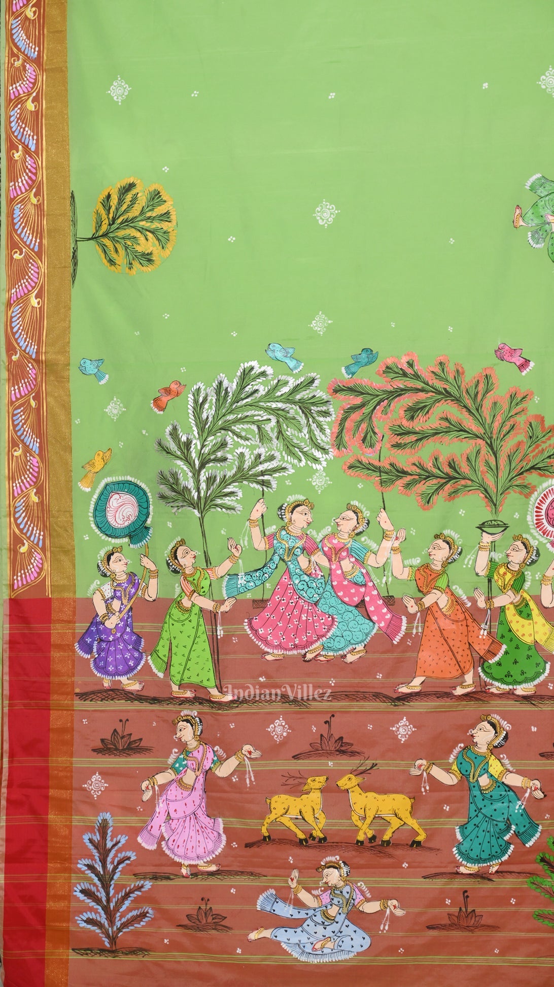 Parrot Green Raja Doli Theme Hand-Painted Pattachitra Saree