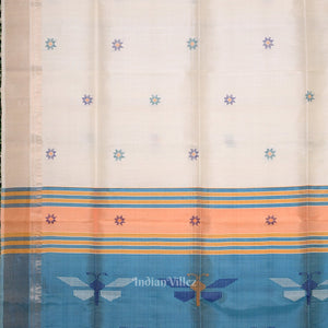 White Sky Blue Pure Bishnupuri Silk Saree