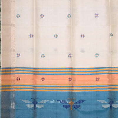 White Sky Blue Pure Bishnupuri Silk Saree