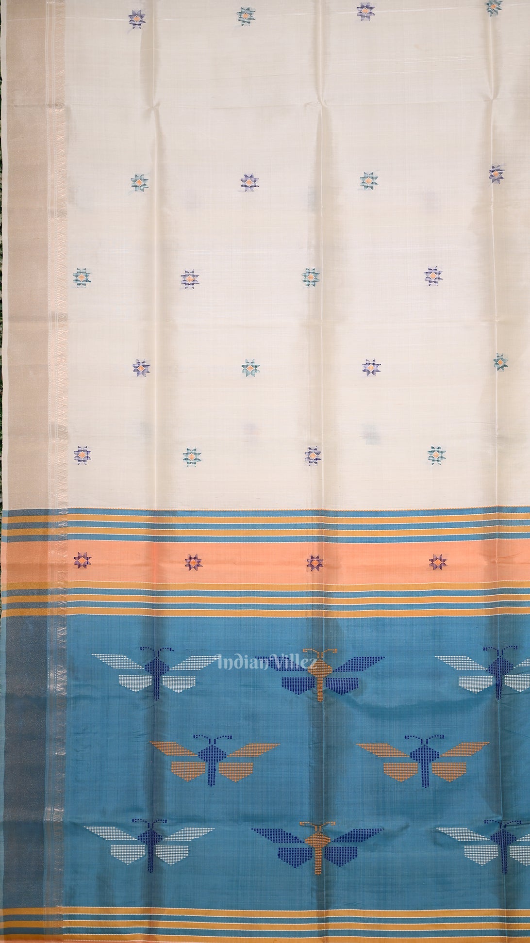 White Sky Blue Pure Bishnupuri Silk Saree
