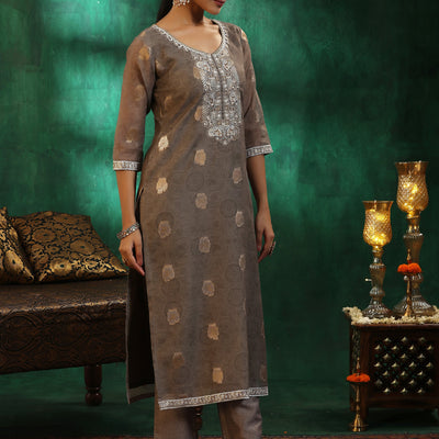 Green Woven Design Silk Blend Straight Suit With Dupatta