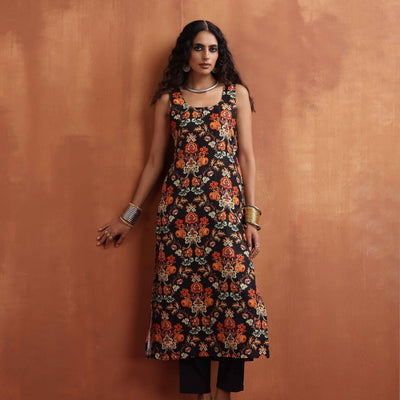 trueBrowns Black Print Straight Kurta Set