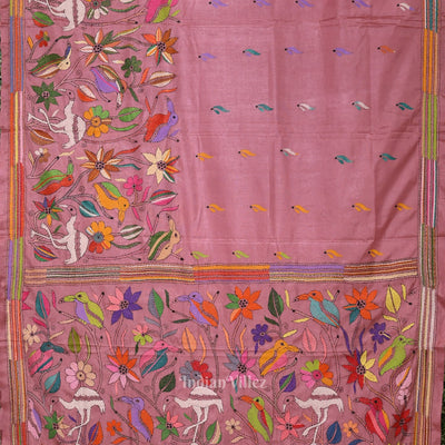 Peach Pink Handwoven Kantha Stitch Silk Saree