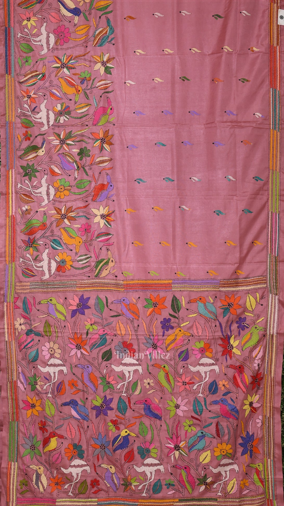 Peach Pink Handwoven Kantha Stitch Silk Saree