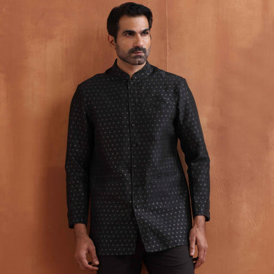trueBrowns Men's Black Chanderi Long Jacket