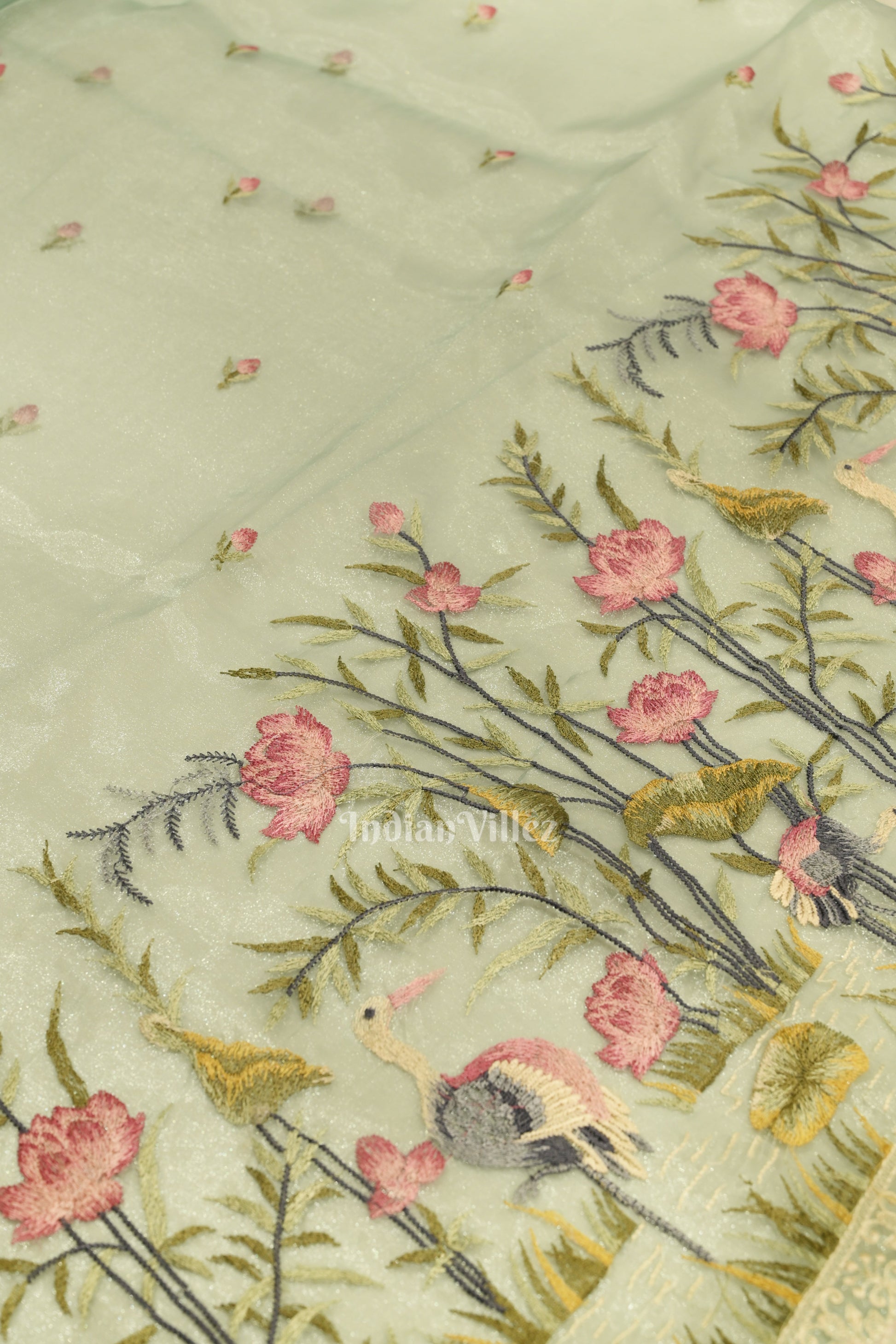 Light Blue Floral Theme Kora Organza Banarasi Saree