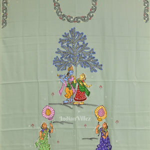 Pista Green Krishna Rasa Leela Theme Pattachitra Kurti Dress Material