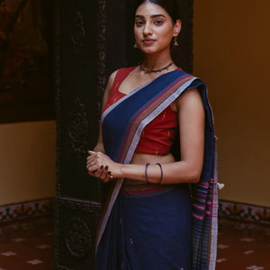 Midnight Blue Handloom Bhujodi Cotton Saree With Bhujodi/Kutch style Buttis