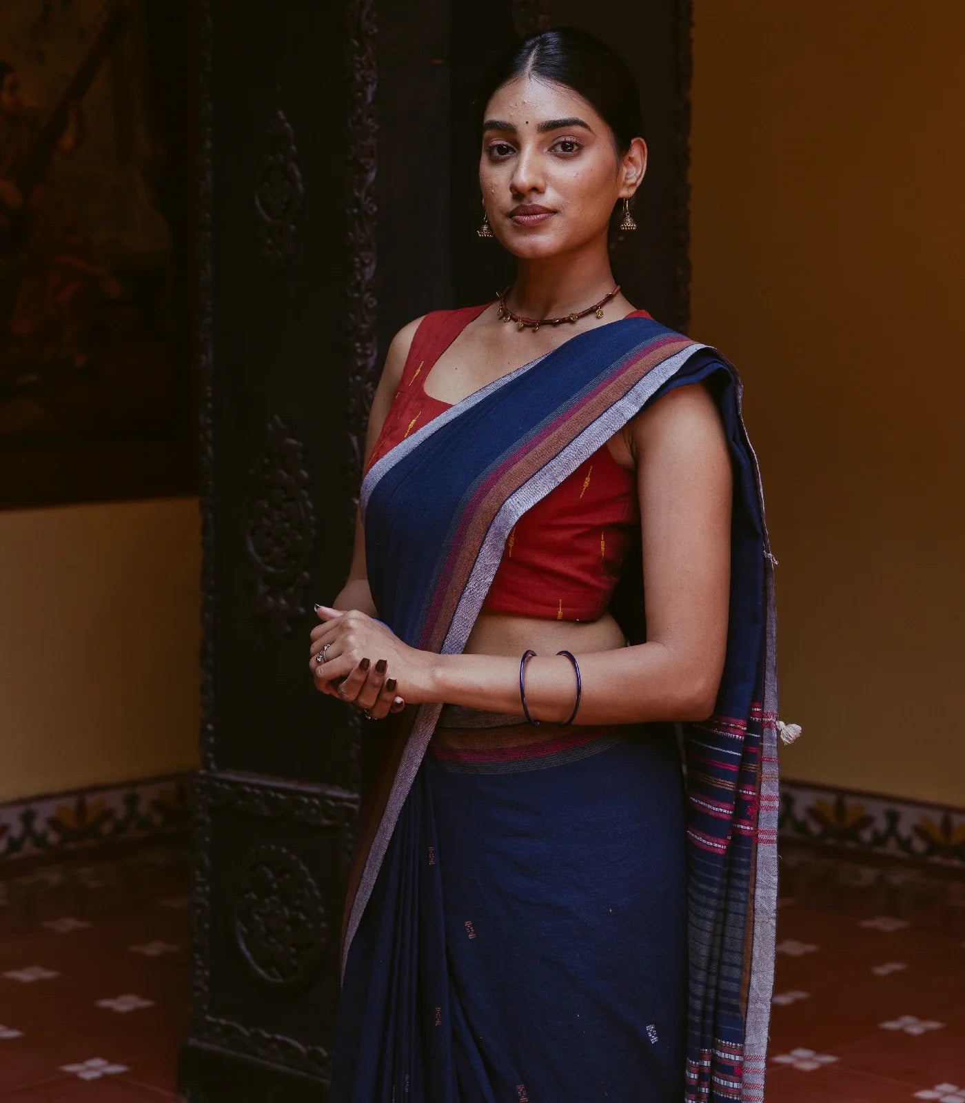 Midnight Blue Handloom Bhujodi Cotton Saree With Bhujodi/Kutch style Buttis