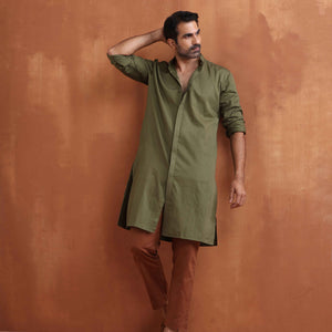 trueBrowns Men's Olive Green Cotton Front Open Kurta
