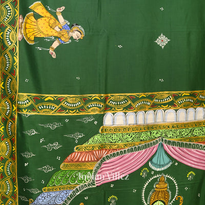 Green Ramayana Theme Hand-Painted Pattachitra Saree
