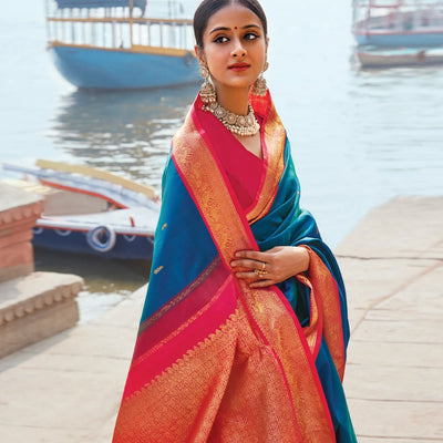 Blue Handloom Kanchipuram Korvai Silk Saree With Mango Buttas