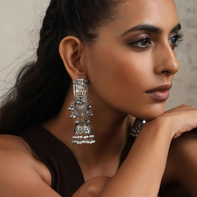 trueBrowns Silver Tone Floral Jhumka Earrings